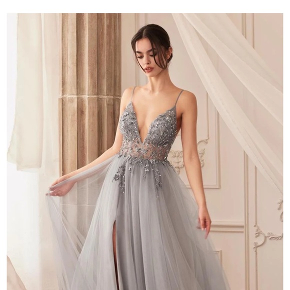 Elegant Silver Embellished Evening Gown - Picture 15 of 16